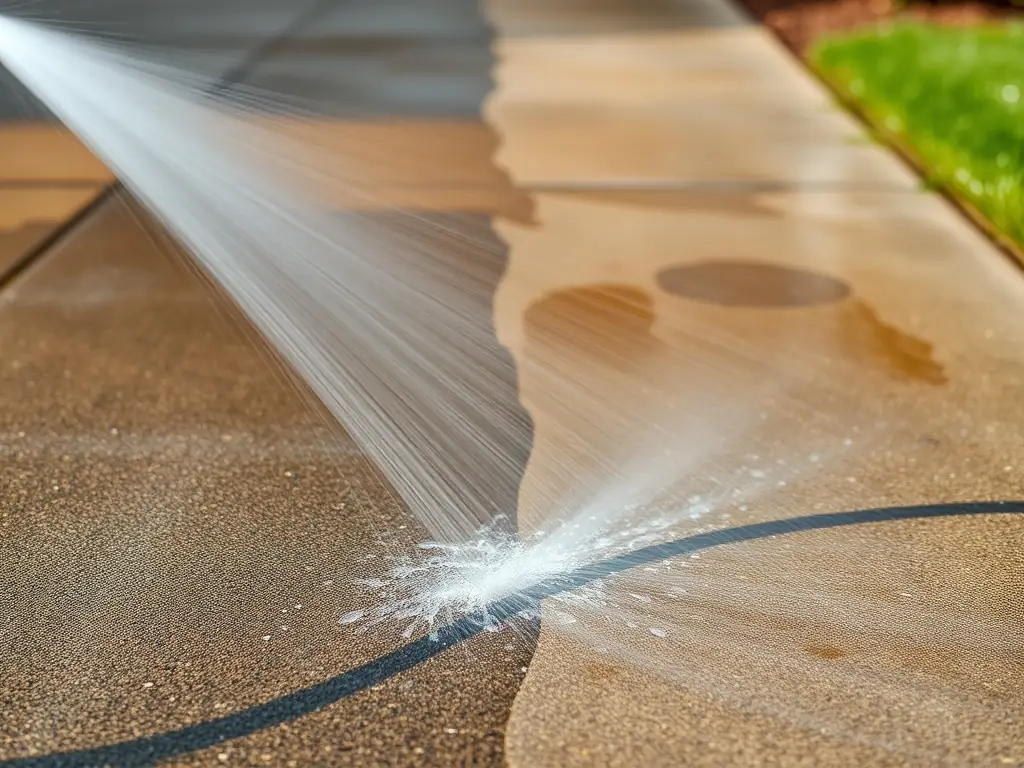 A high-pressure water stream cleaning a heavily soiled concrete driveway, showcasing the immediate impact of pressure washing.