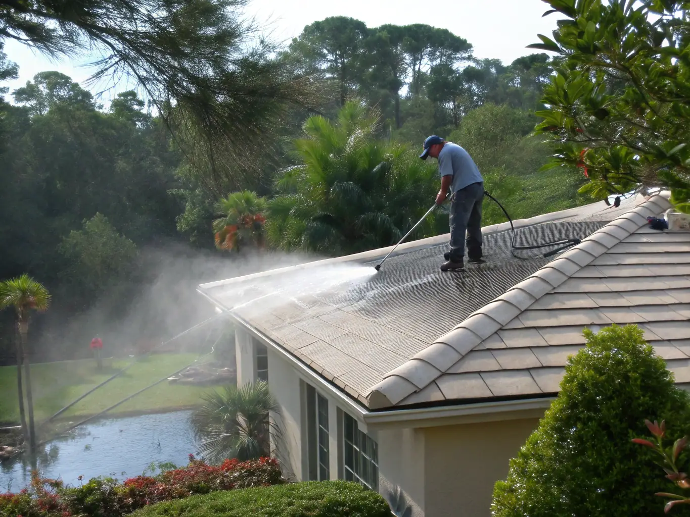 A worker gently soft washing a residential roof, removing algae and stains without causing damage to the shingles.